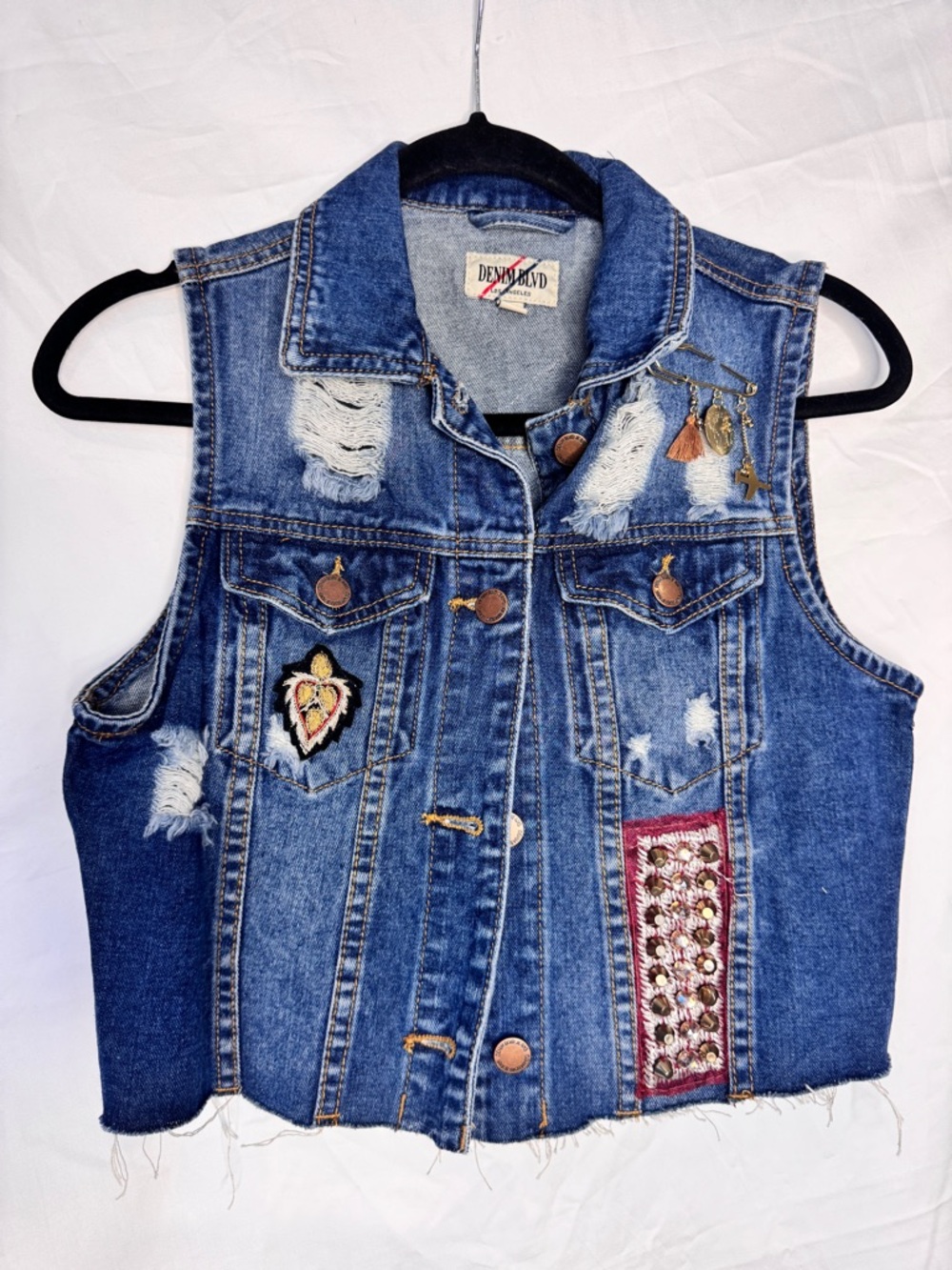Distressed Denim Vest with Embroidered Patchwork & Dangle Pin - Blue